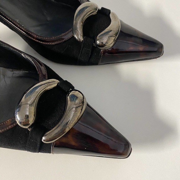 Stuart Weitzman Pump Black Suede Tortoise Shell Patent Trim Cap Point To… - Picture 3 of 10